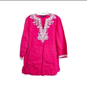 Jones New York Hot Pink Linen Embroidered Beachside Floral Tunic Top Coverup Med